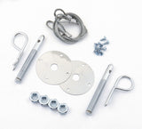 Hood pin kit with hairpin style clips, lanyard cables, and scuff plates.