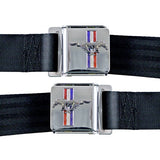 1965-73 Mustang  Seat Belt with Tri-Bar Running Horse Emblem Pair Black
